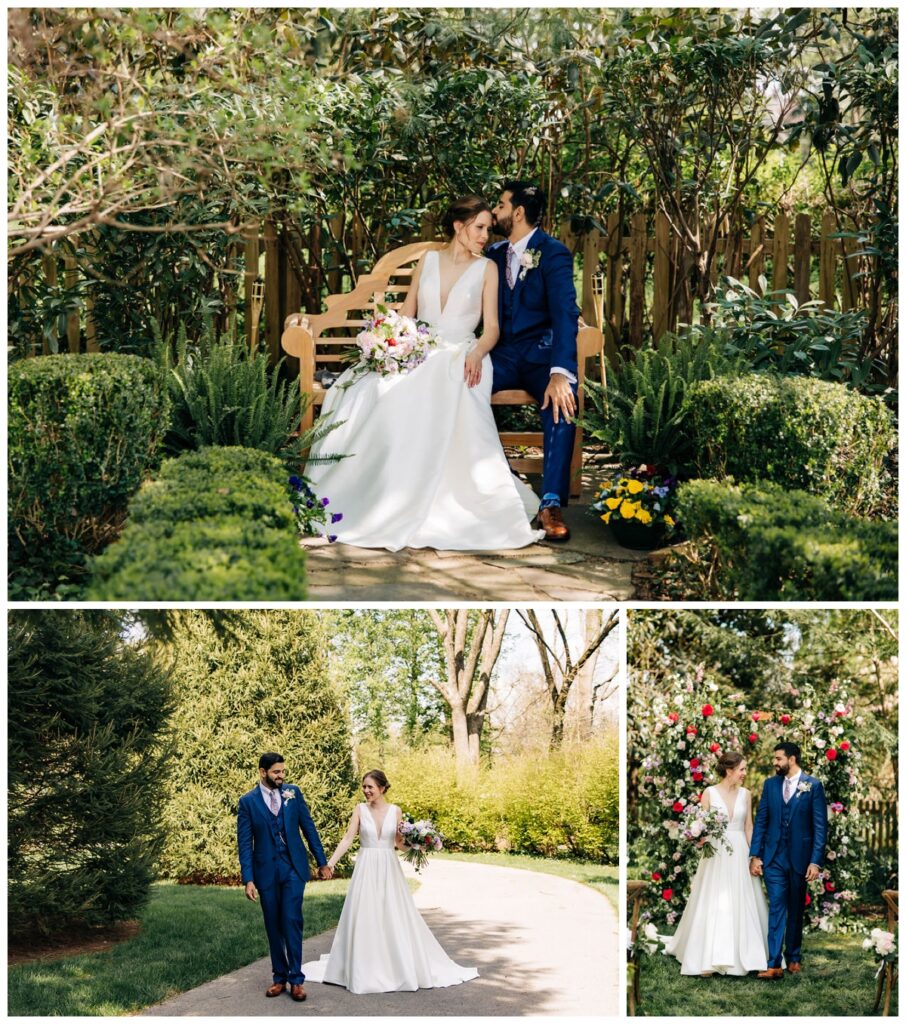 bride and groom take photos around their private property during their backyard wedding in Louisville 