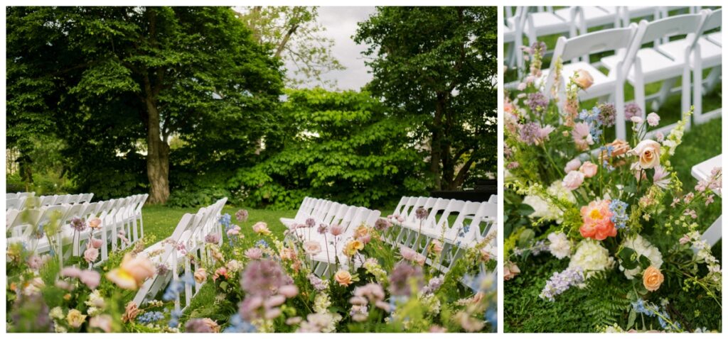 yew-dell-botanical-garden-wedding-ceremony-set-up-with white chairs and colorful flowers