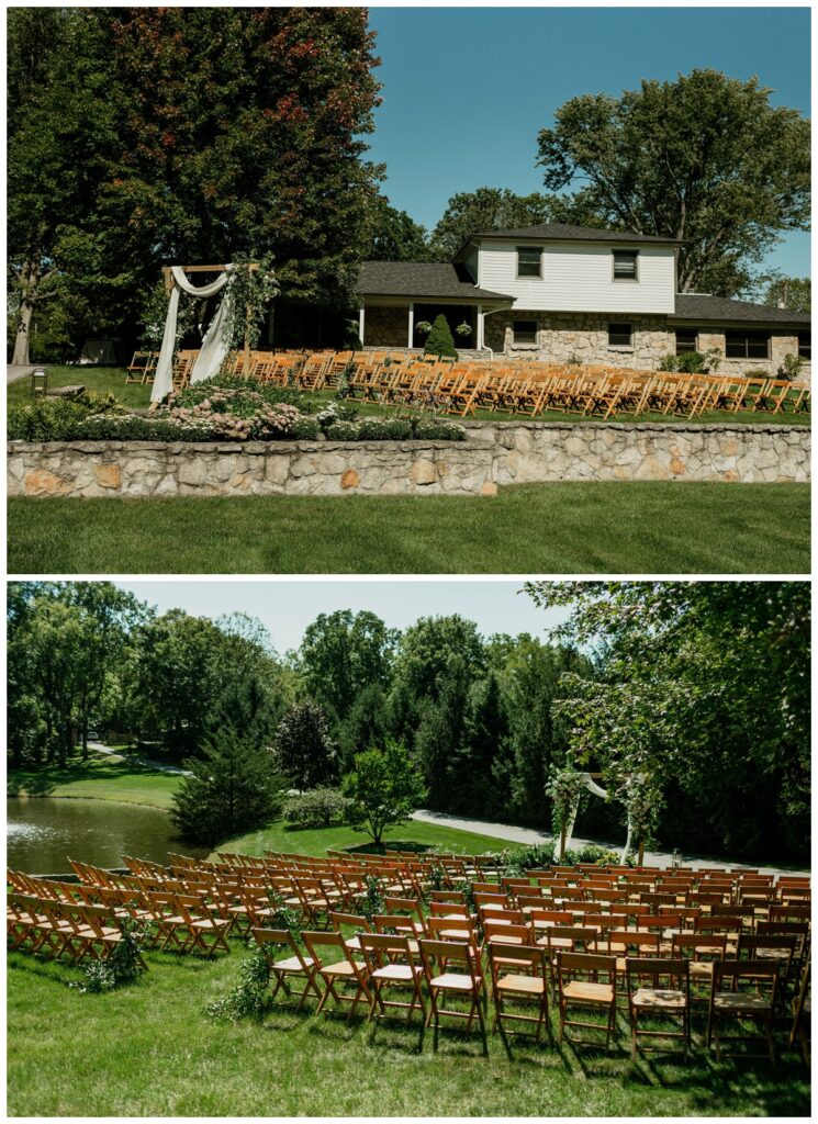 backyard wedding ceremony set up with wood chairs and arbor next to a pond