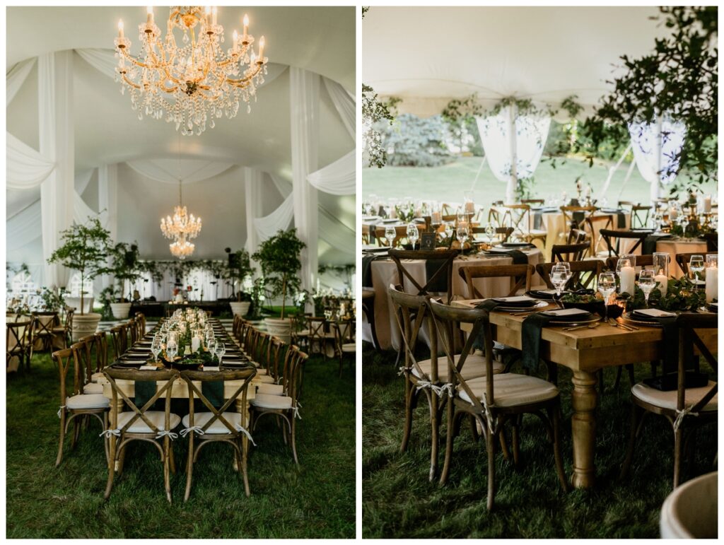Elegant Backyard Tent Wedding  with large white tent, wood kings tables, and chendeliers 
