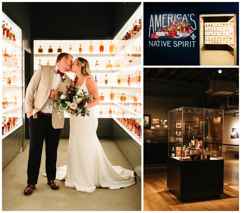 Bride and groom kiss in the bourbon room at Frazier History museum 