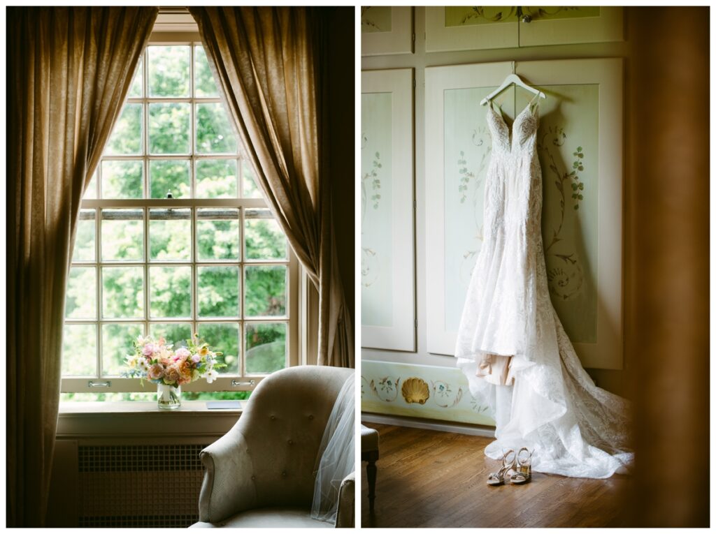 Spindletop hall wedding bridal suite with wedding dress and bridal bouquet in the window 