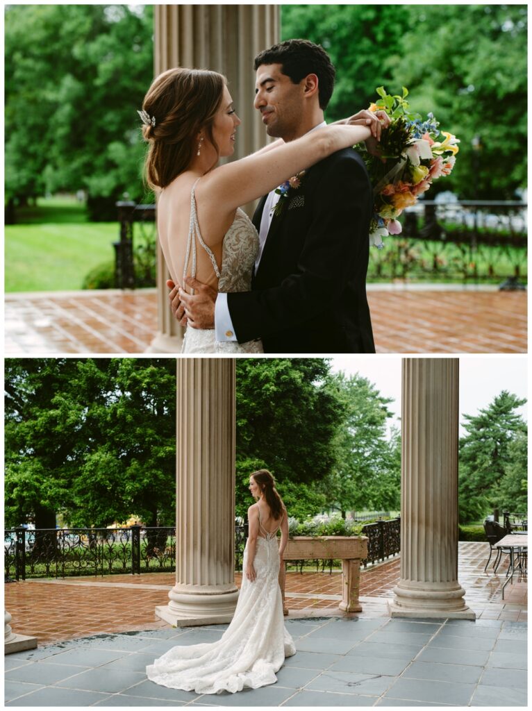 bride and groom embrace on the spindletop hall patio on their wedding day 