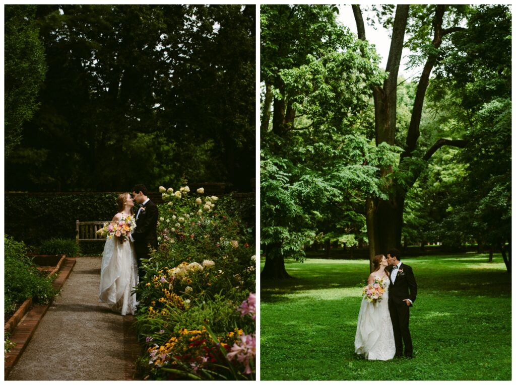 Bride and groom take photos in the garden and lawn of Spindletop hall on their wedding day 