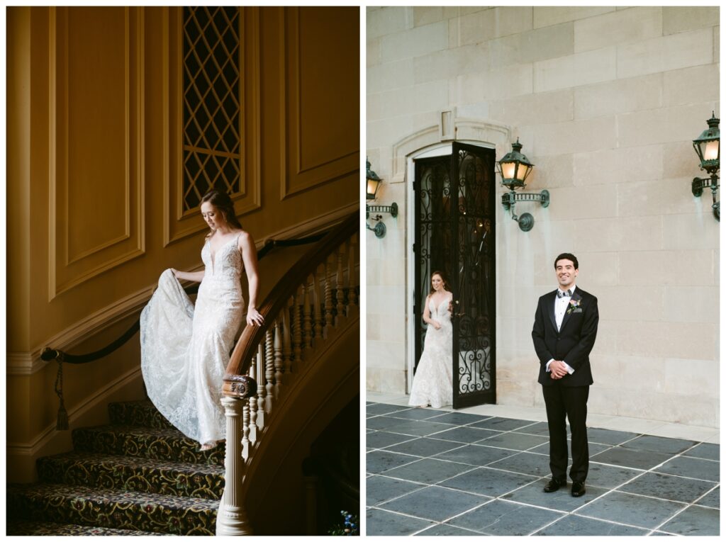 Bride and groom first look at their spindletop hall wedding 