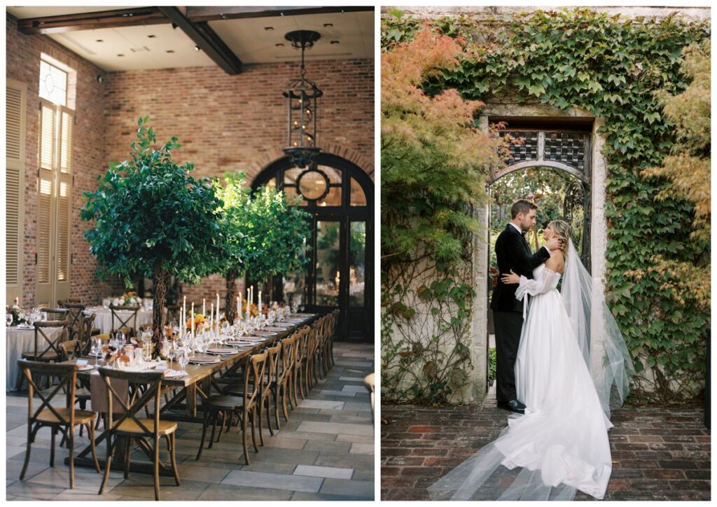wedding reception and couple at the garden gate at apiary wedding venue