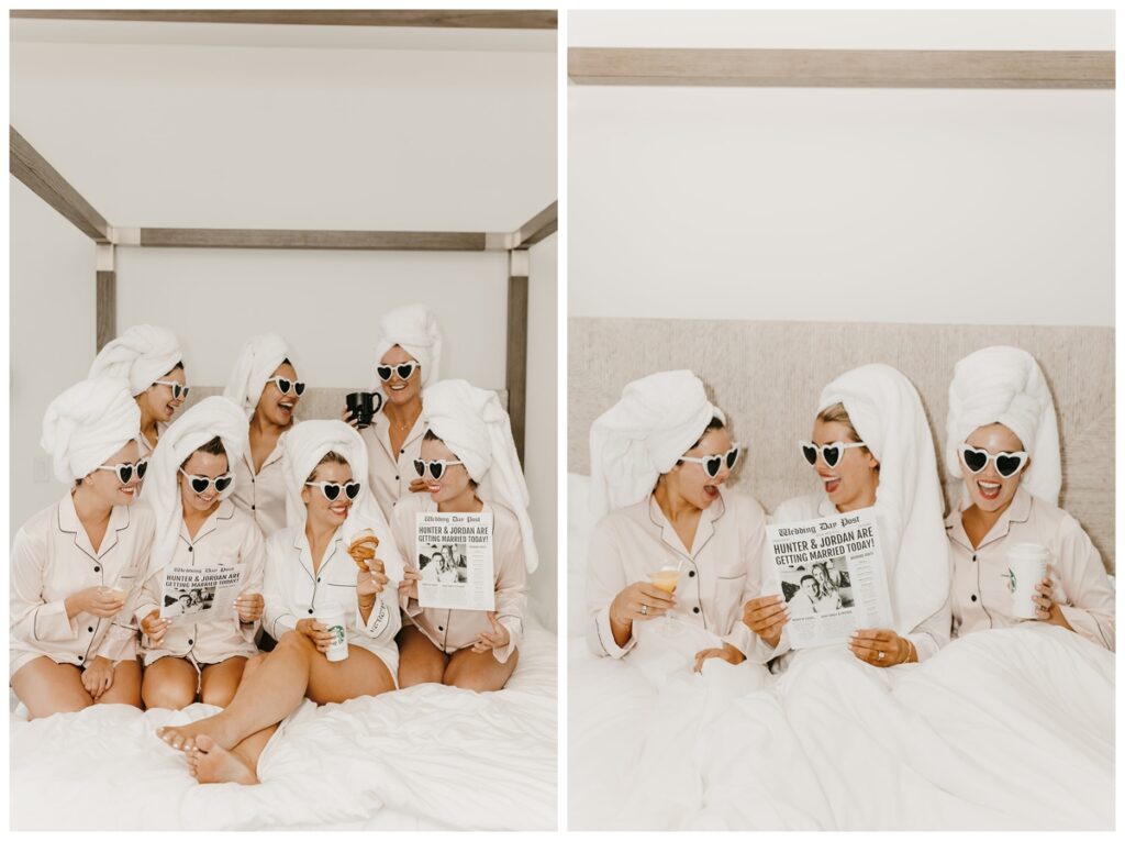 Bride and her bridesmaids get ready the morning of the wedding with coffee, croissants, and cute lounge outfits with sunglasses