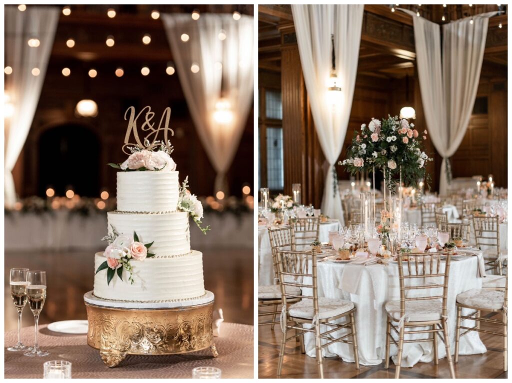 classic white wedding cake on display and a beautiful wedding reception table decorated with white linen, gold chairs and tall flower centerpieces