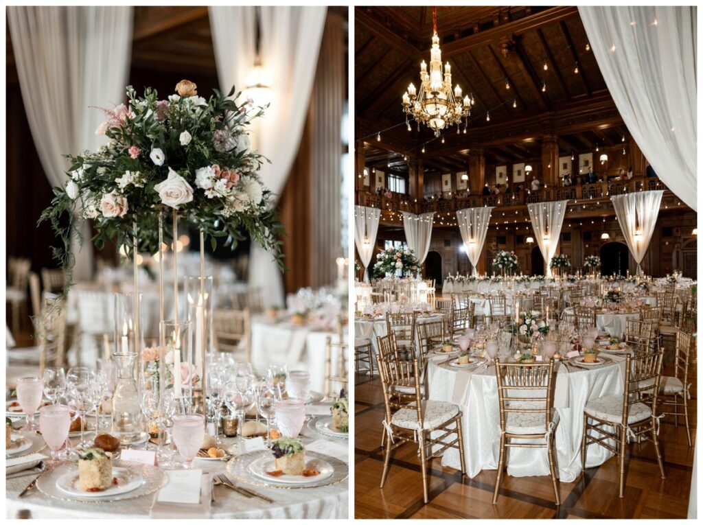 extravagant, romantic and classic decor that was white, pale pink and gold at the scottish rite cathedral
