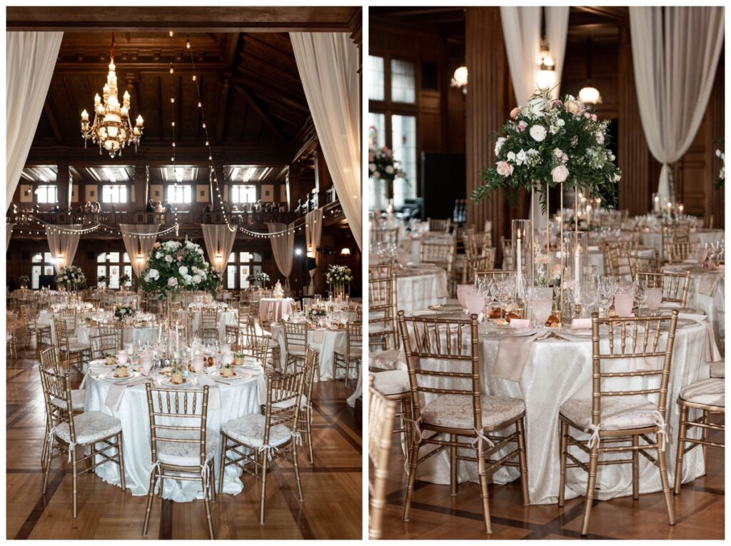wedding table decor consisting of white table linen, gold chairs, and tall floral arrangements 